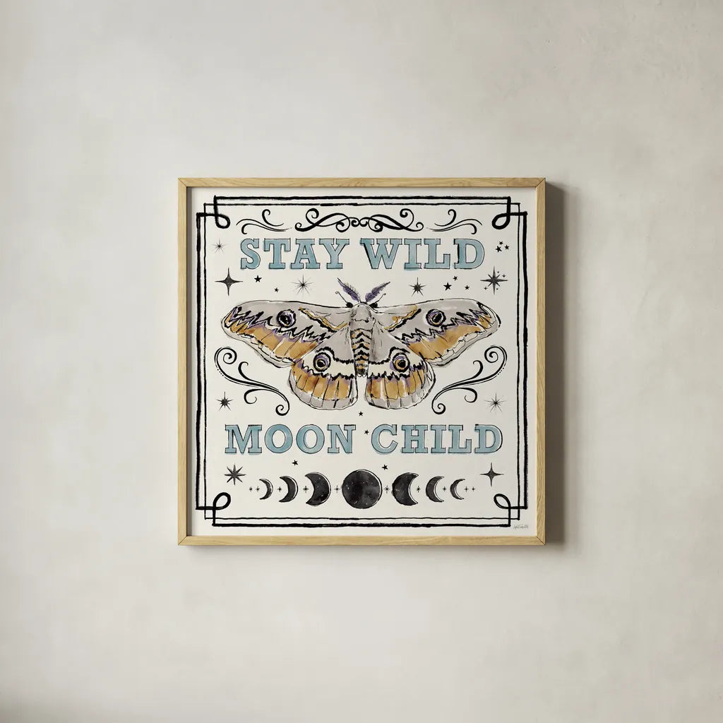 Mystic Moon V by Anne Tavoletti. Shown in a natural wood glass frame for a timeless modern aesthetic. Available as an archival giclee rolled canvas, fine art paper, or poster print. SKU 83358a.