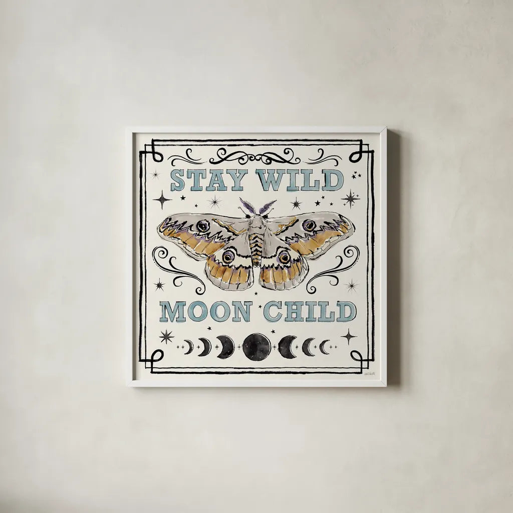 Mystic Moon V by Anne Tavoletti. Shown in a crisp white glass frame for a clean and minimalist style. Available as an archival giclee rolled canvas, fine art paper, or poster print. SKU 83358a.