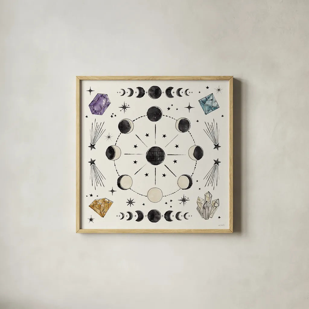 Mystic Moon VI by Anne Tavoletti. Shown in a natural wood glass frame for a timeless modern aesthetic. Available as an archival giclee rolled canvas, fine art paper, or poster print. SKU 83359a.