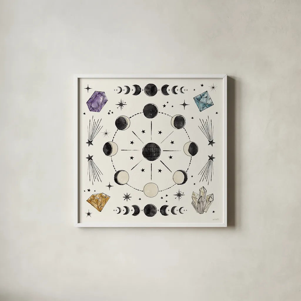 Mystic Moon VI by Anne Tavoletti. Shown in a crisp white glass frame for a clean and minimalist style. Available as an archival giclee rolled canvas, fine art paper, or poster print. SKU 83359a.