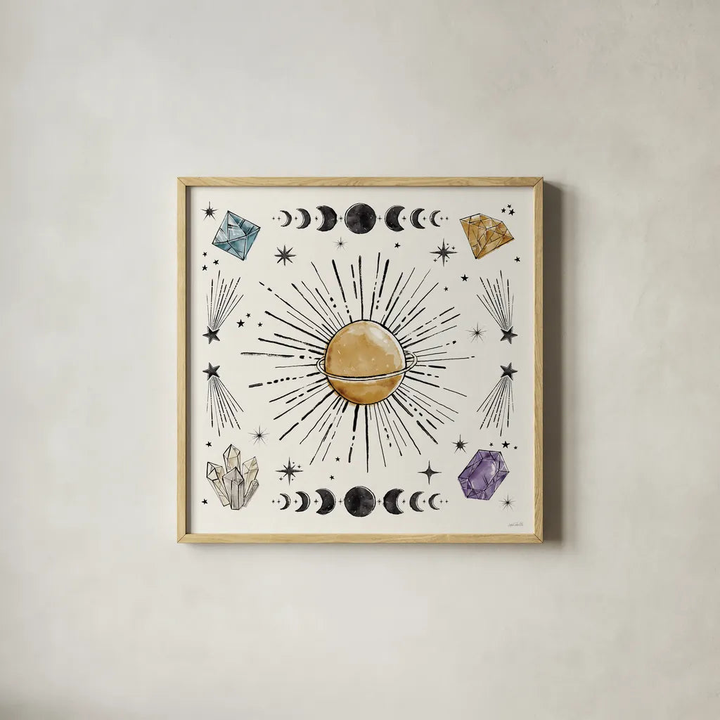 Mystic Moon VII by Anne Tavoletti. Shown in a natural wood glass frame for a timeless modern aesthetic. Available as an archival giclee rolled canvas, fine art paper, or poster print. SKU 83360a.