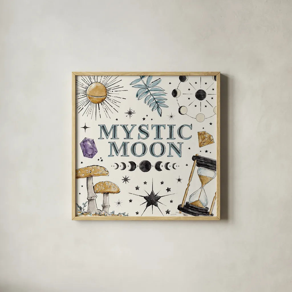 Mystic Moon VIII by Anne Tavoletti. Shown in a natural wood glass frame for a timeless modern aesthetic. Available as an archival giclee rolled canvas, fine art paper, or poster print. SKU 83361a.