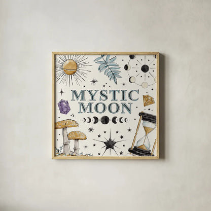 Mystic Moon VIII by Anne Tavoletti. Shown in a natural wood glass frame for a timeless modern aesthetic. Available as an archival giclee rolled canvas, fine art paper, or poster print. SKU 83361a.