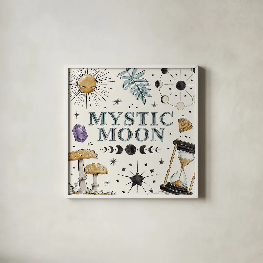 Mystic Moon VIII by Anne Tavoletti. Shown in a crisp white glass frame for a clean and minimalist style. Available as an archival giclee rolled canvas, fine art paper, or poster print. SKU 83361a.