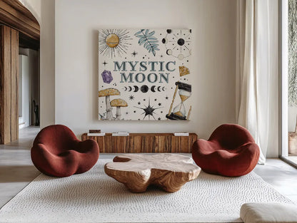 Mystic Moon VIII by Anne Tavoletti. Shown as extra-large giant wall art in a modern living room. Available as an archival giclee rolled canvas, fine art paper, or poster print. SKU 83361a.