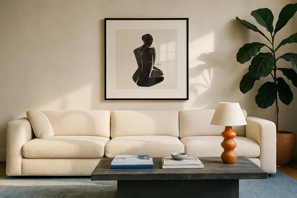 Neutral Nudes I Sq by Anne Tavoletti. Displayed in a glass frame with matte in a clean modern living room. Available as an archival giclee rolled canvas, fine art paper, or poster print. SKU 80607a.