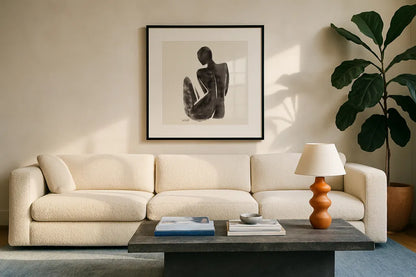 Neutral Nudes II Sq by Anne Tavoletti. Displayed in a glass frame with matte in a clean modern living room. Available as an archival giclee rolled canvas, fine art paper, or poster print. SKU 80608a.