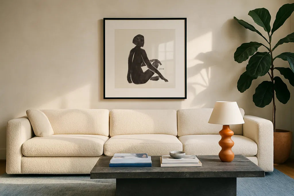Neutral Nudes III by Anne Tavoletti. Displayed in a glass frame with matte in a clean modern living room. Available as an archival giclee rolled canvas, fine art paper, or poster print. SKU 75941a.