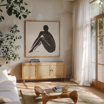 Neutral Nudes IV by Anne Tavoletti. Shown in a natural wood frame in a cozy modern living room. Available as an archival giclee rolled canvas, fine art paper, or poster print. SKU 75942a.