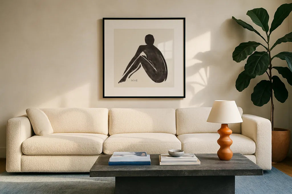 Neutral Nudes IV by Anne Tavoletti. Displayed in a glass frame with matte in a clean modern living room. Available as an archival giclee rolled canvas, fine art paper, or poster print. SKU 75942a.