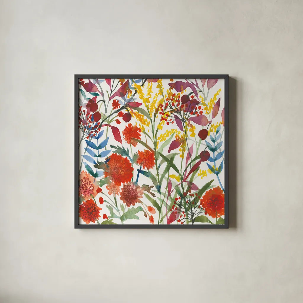 November Flowers by Anne Tavoletti. Shown in a sleek black glass frame for a contemporary gallery look. Available as an archival giclee rolled canvas, fine art paper, or poster print. SKU 59350a.