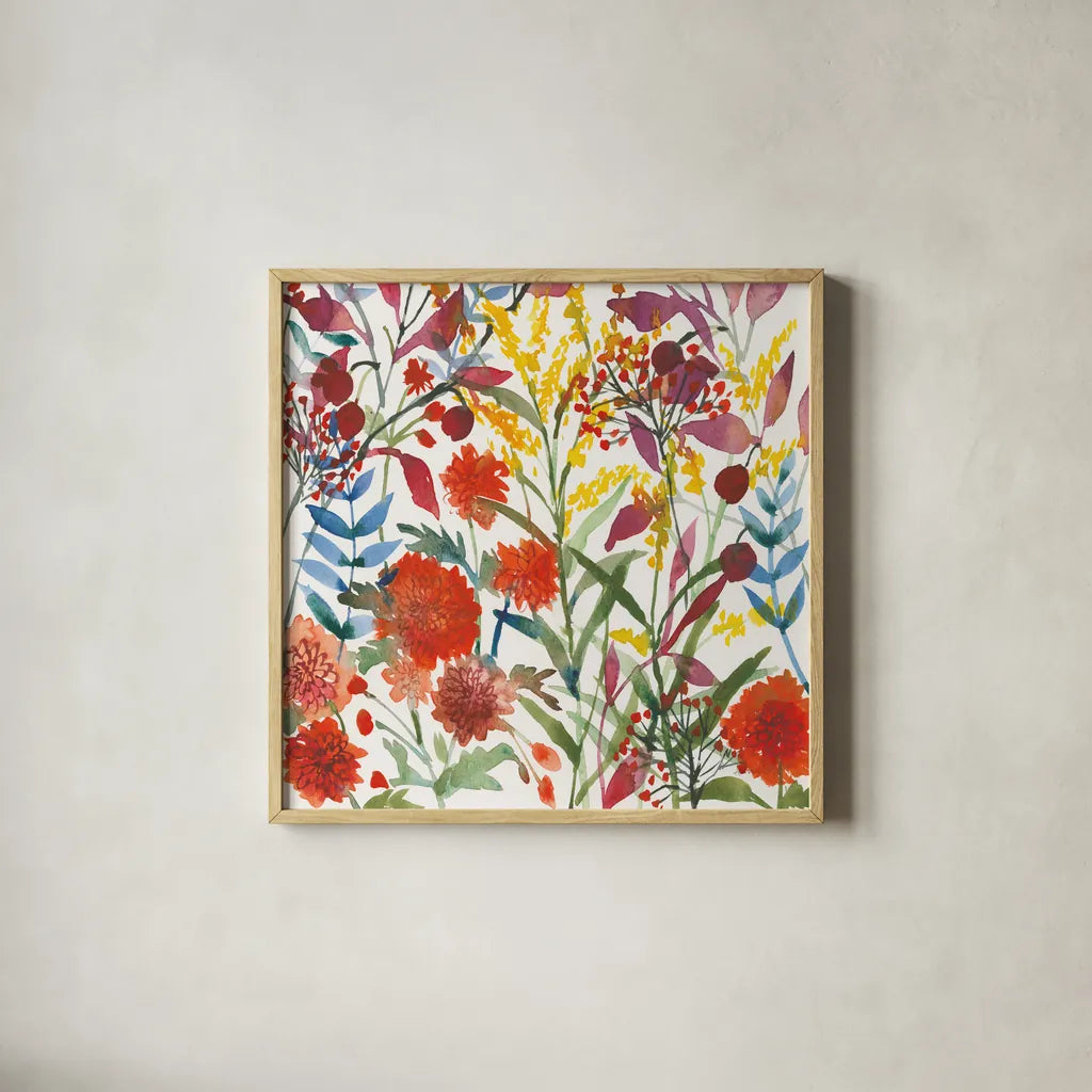 November Flowers by Anne Tavoletti. Shown in a natural wood glass frame for a timeless modern aesthetic. Available as an archival giclee rolled canvas, fine art paper, or poster print. SKU 59350a.