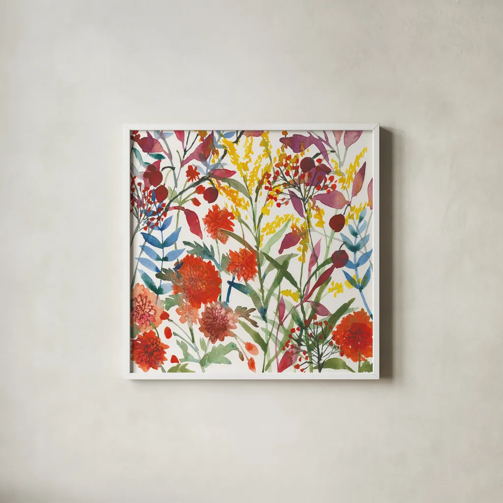 November Flowers by Anne Tavoletti. Shown in a crisp white glass frame for a clean and minimalist style. Available as an archival giclee rolled canvas, fine art paper, or poster print. SKU 59350a.