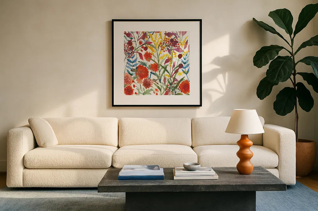 November Flowers by Anne Tavoletti. Displayed in a glass frame with matte in a clean modern living room. Available as an archival giclee rolled canvas, fine art paper, or poster print. SKU 59350a.