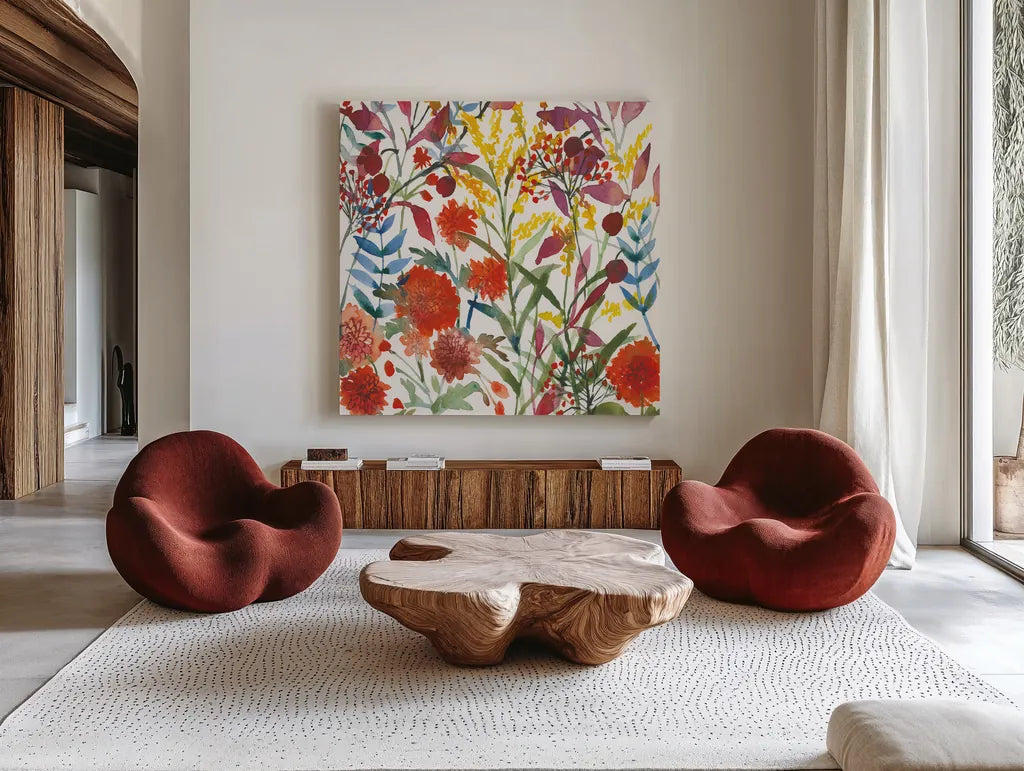 November Flowers by Anne Tavoletti. Shown as extra-large giant wall art in a modern living room. Available as an archival giclee rolled canvas, fine art paper, or poster print. SKU 59350a.