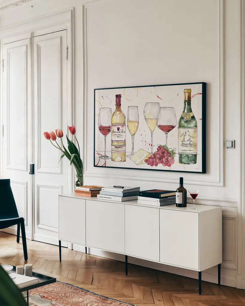 Oaked and Aged I by Anne Tavoletti. shown as a framed stretched canvas in a living room above a console. Available as a archival giclee rolled canvas, fine art paper, or poster print. SKU 52233i.