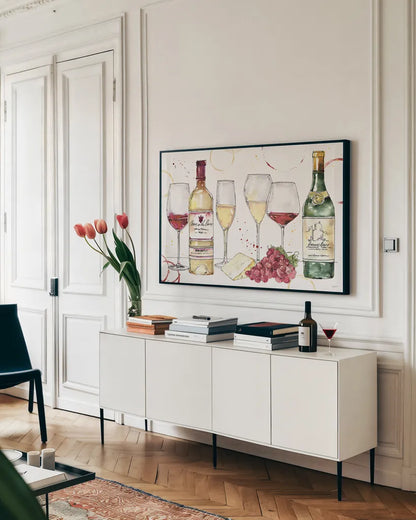 Oaked and Aged I by Anne Tavoletti. shown as a framed stretched canvas in a living room above a console. Available as a archival giclee rolled canvas, fine art paper, or poster print. SKU 52233i.