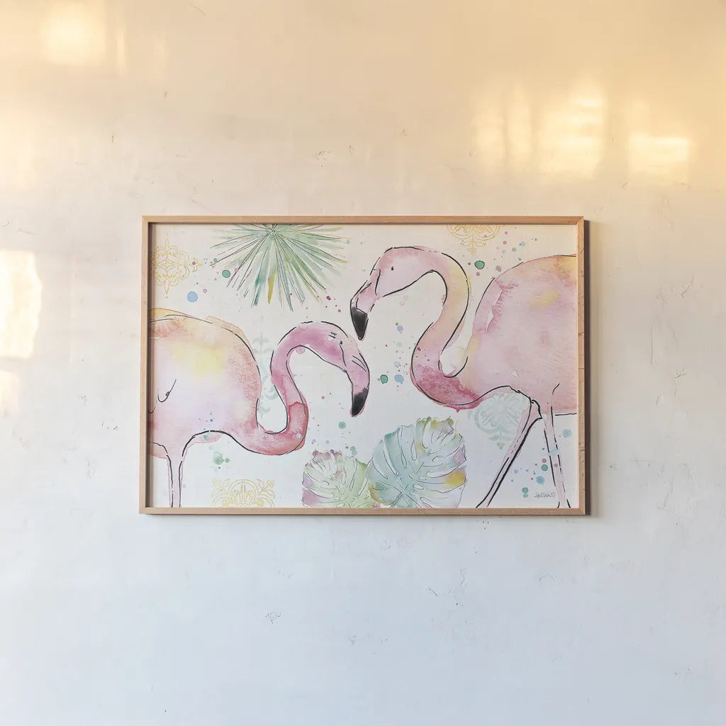 Palm Passion I by Anne Tavoletti. shown as a paper print in a natural frame. Available as a archival giclee rolled canvas, fine art paper, or poster print. SKU 29023i.