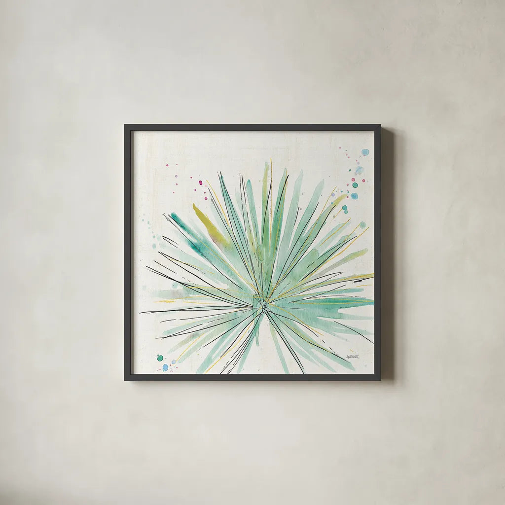 Palm Passion V no Words by Anne Tavoletti. Shown in a sleek black glass frame for a contemporary gallery look. Available as an archival giclee rolled canvas, fine art paper, or poster print. SKU 29194a.