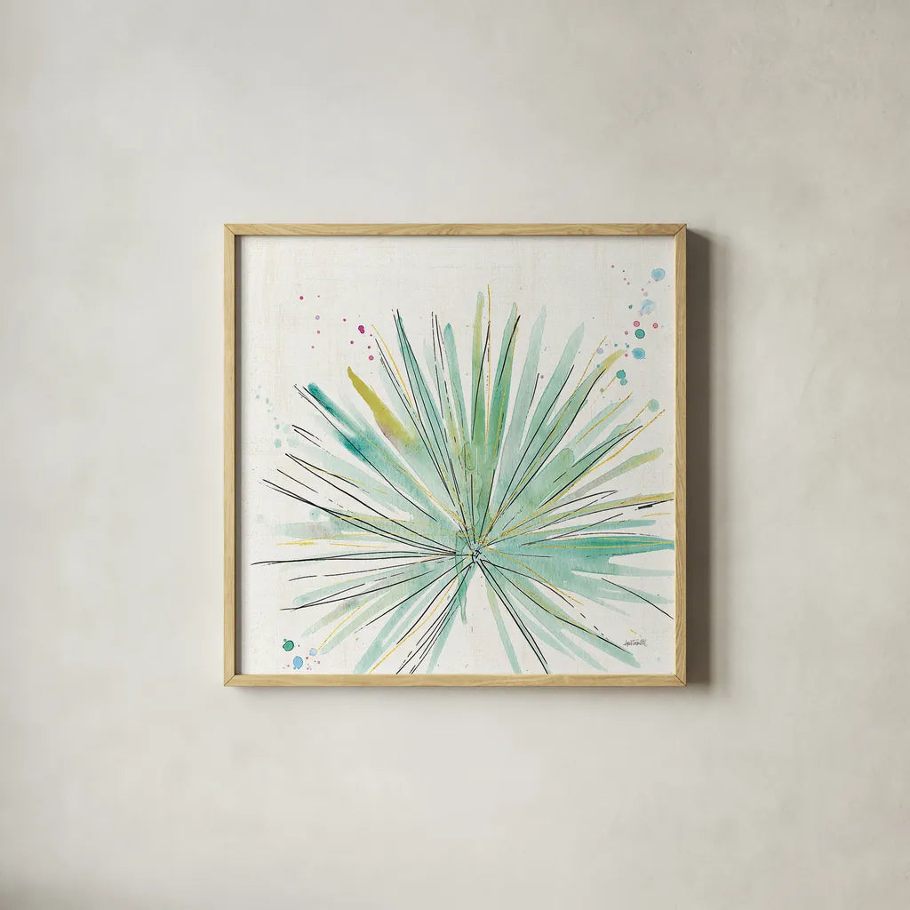 Palm Passion V no Words by Anne Tavoletti. Shown in a natural wood glass frame for a timeless modern aesthetic. Available as an archival giclee rolled canvas, fine art paper, or poster print. SKU 29194a.