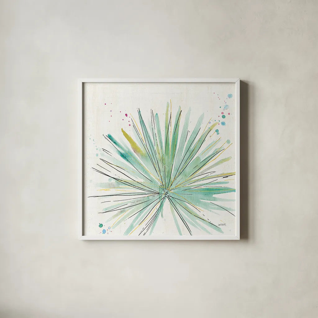 Palm Passion V no Words by Anne Tavoletti. Shown in a crisp white glass frame for a clean and minimalist style. Available as an archival giclee rolled canvas, fine art paper, or poster print. SKU 29194a.