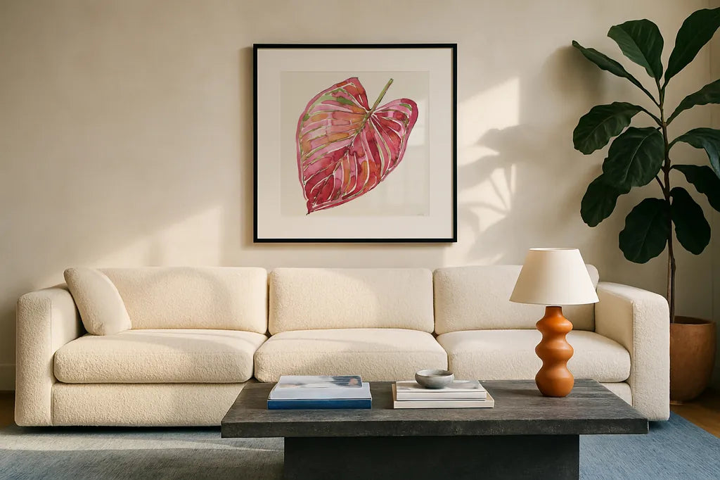 Palm Springs II by Anne Tavoletti. Displayed in a glass frame with matte in a clean modern living room. Available as an archival giclee rolled canvas, fine art paper, or poster print. SKU 95658a.