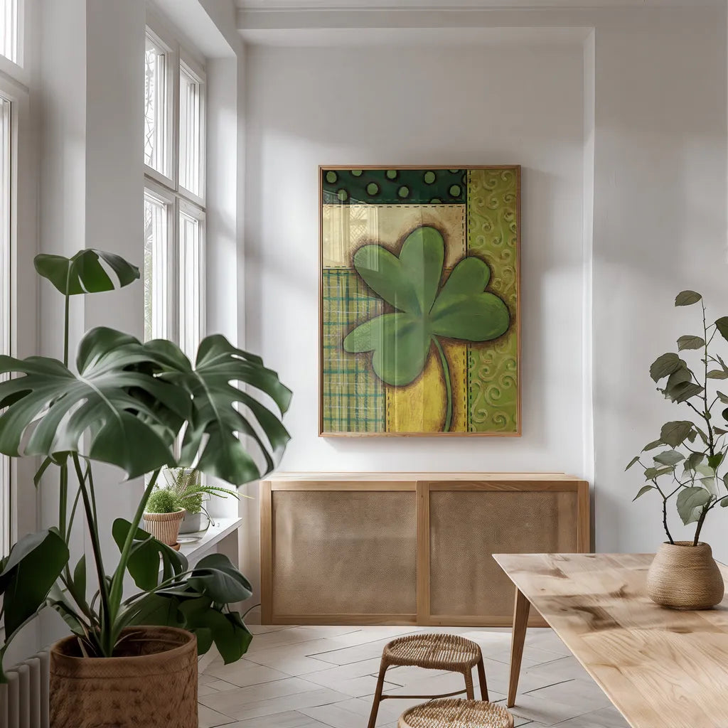 Patchwork Clover by Anne Tavoletti. shown as a print in a natural wood frame in a dining room. Available as a archival giclee rolled canvas, fine art paper, or poster print. SKU 56647h.