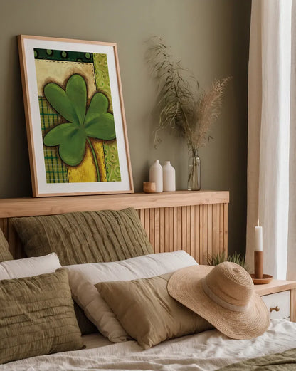 Patchwork Clover by Anne Tavoletti. shown as a paper print in a natural frame. Available as a archival giclee rolled canvas, fine art paper, or poster print. SKU 56647h.