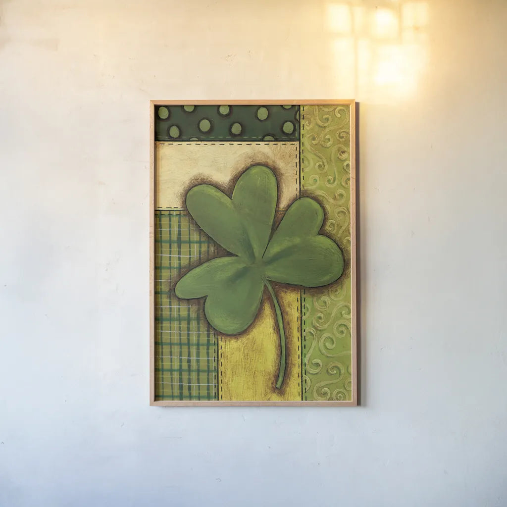 Patchwork Clover by Anne Tavoletti. shown as a paper print in a natural frame. Available as a archival giclee rolled canvas, fine art paper, or poster print. SKU 56647h.