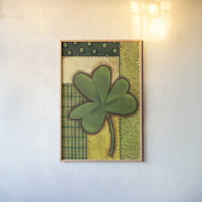 Patchwork Clover by Anne Tavoletti. shown as a paper print in a natural frame. Available as a archival giclee rolled canvas, fine art paper, or poster print. SKU 56647h.