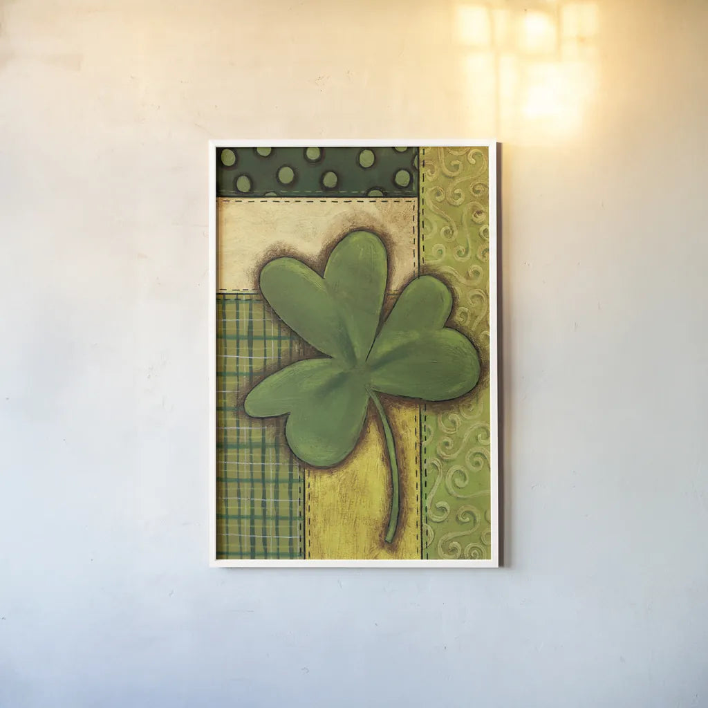 Patchwork Clover by Anne Tavoletti. shown as a paper print in a white frame. Available as a archival giclee rolled canvas, fine art paper, or poster print. SKU 56647h.