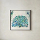 Peacock Garden IX Purple Square no Words by Anne Tavoletti. Shown in a sleek black glass frame for a contemporary gallery look. Available as an archival giclee rolled canvas, fine art paper, or poster print. SKU 32375a.