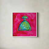 Perfume I by Anne Tavoletti. Shown in a crisp white glass frame for a clean and minimalist style. Available as an archival giclee rolled canvas, fine art paper, or poster print. SKU 11916a.