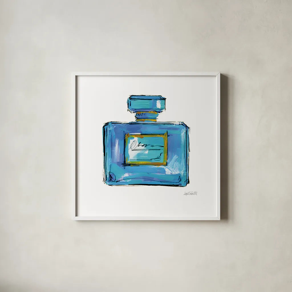 Perfume II Bright by Anne Tavoletti. Shown in a crisp white glass frame for a clean and minimalist style. Available as an archival giclee rolled canvas, fine art paper, or poster print. SKU 85473a.