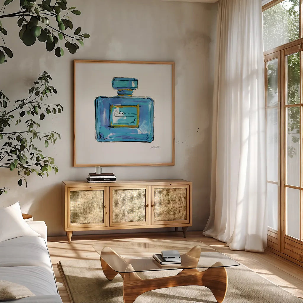 Perfume II Bright by Anne Tavoletti. Shown in a natural wood frame in a cozy modern living room. Available as an archival giclee rolled canvas, fine art paper, or poster print. SKU 85473a.