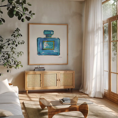 Perfume II Bright by Anne Tavoletti. Shown in a natural wood frame in a cozy modern living room. Available as an archival giclee rolled canvas, fine art paper, or poster print. SKU 85473a.