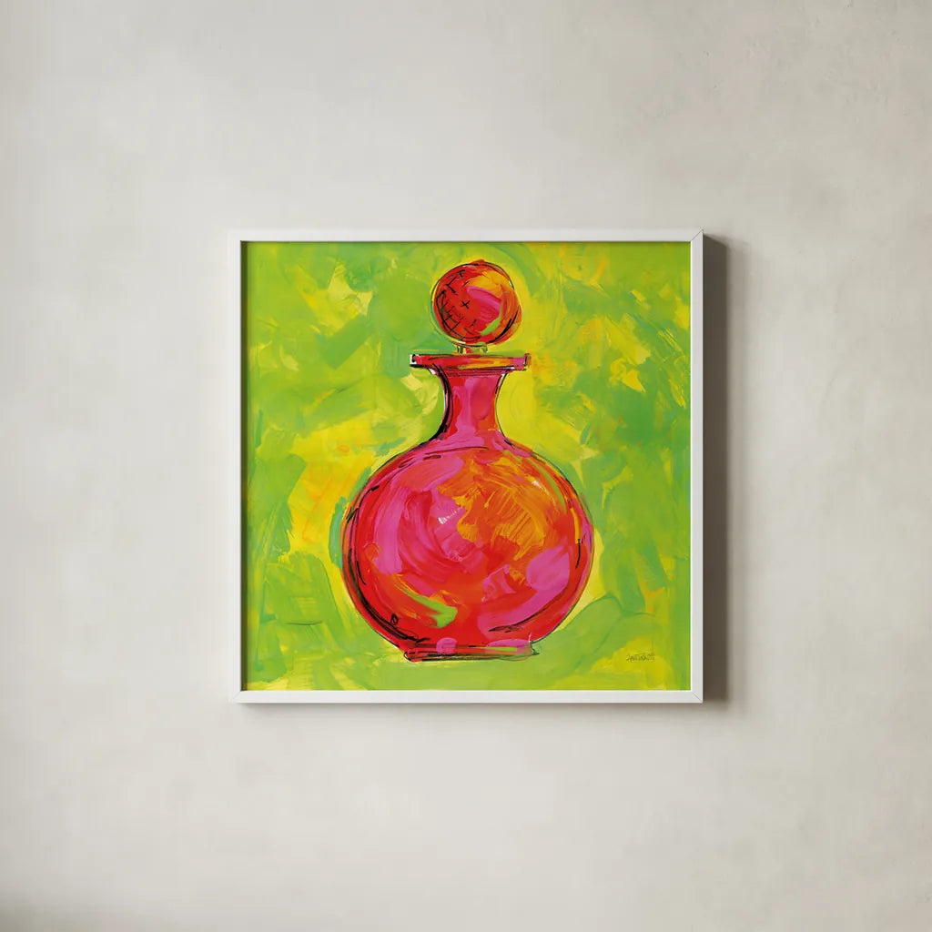 Perfume V by Anne Tavoletti. Shown in a crisp white glass frame for a clean and minimalist style. Available as an archival giclee rolled canvas, fine art paper, or poster print. SKU 99177a.