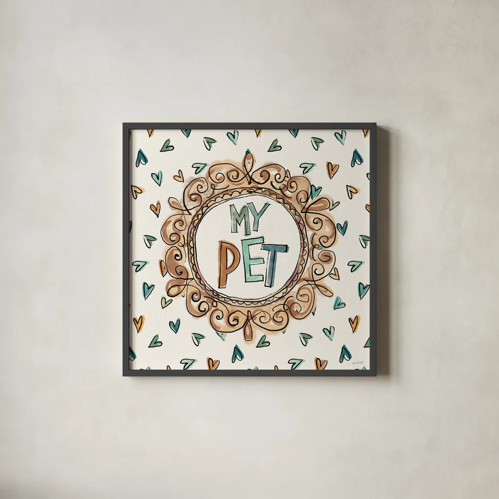 Pet Sentiments II by Anne Tavoletti. Shown in a sleek black glass frame for a contemporary gallery look. Available as an archival giclee rolled canvas, fine art paper, or poster print. SKU 89393a.