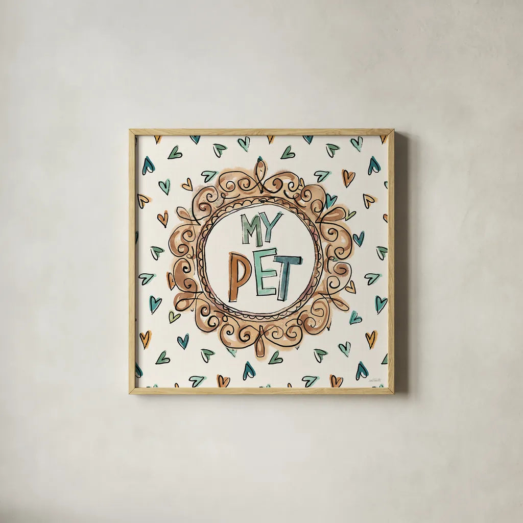 Pet Sentiments II by Anne Tavoletti. Shown in a natural wood glass frame for a timeless modern aesthetic. Available as an archival giclee rolled canvas, fine art paper, or poster print. SKU 89393a.