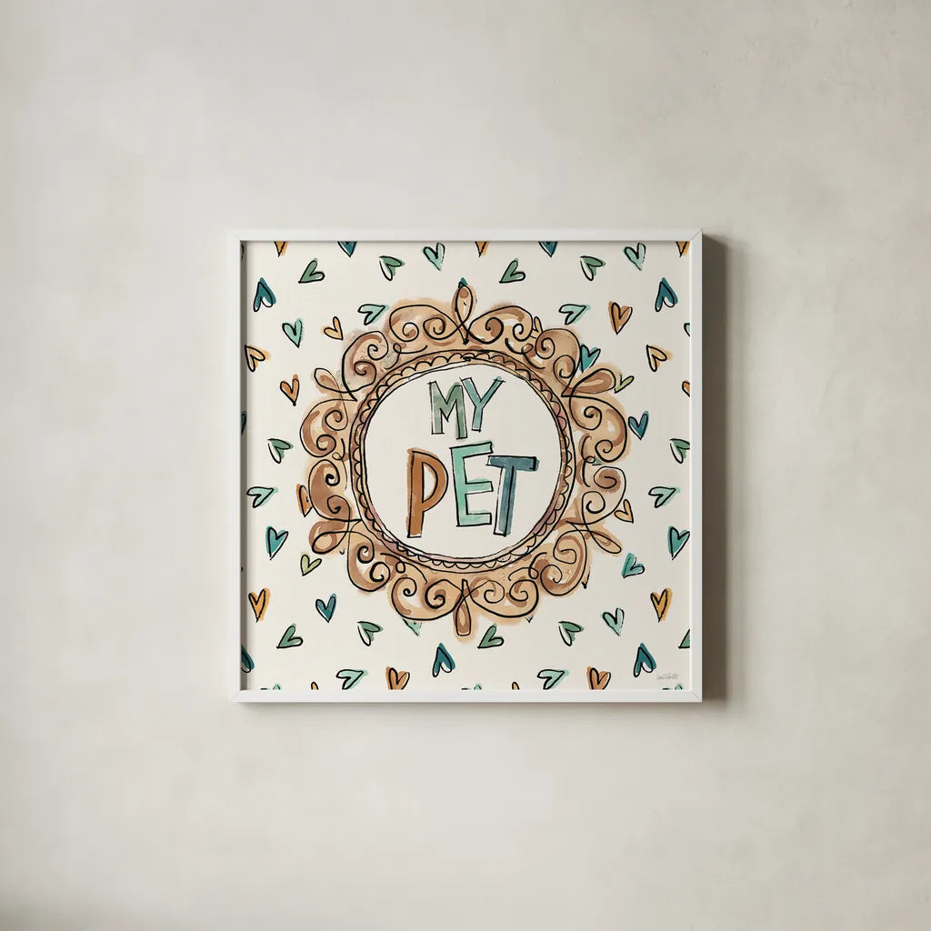 Pet Sentiments II by Anne Tavoletti. Shown in a crisp white glass frame for a clean and minimalist style. Available as an archival giclee rolled canvas, fine art paper, or poster print. SKU 89393a.