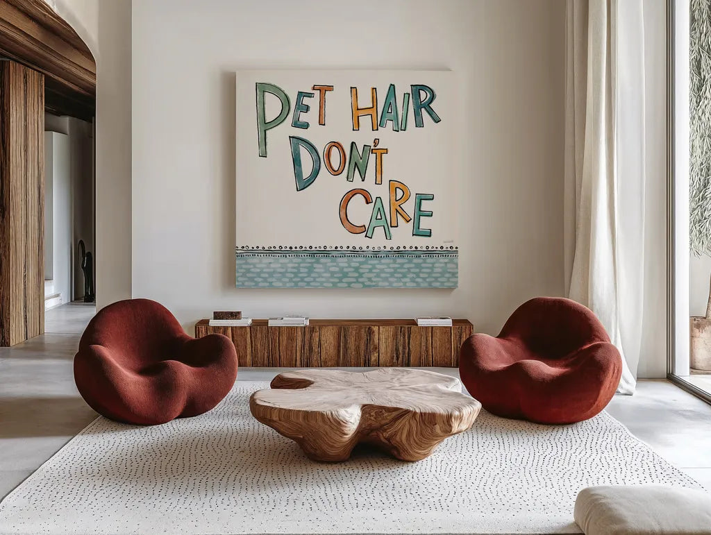 Pet Sentiments III by Anne Tavoletti. Shown as extra-large giant wall art in a modern living room. Available as an archival giclee rolled canvas, fine art paper, or poster print. SKU 89394a.