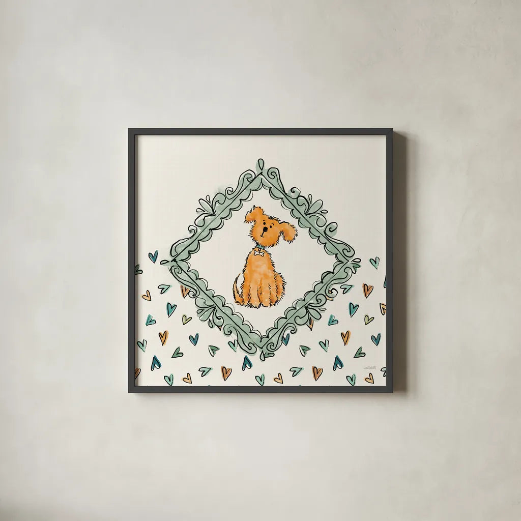 Pet Sentiments V by Anne Tavoletti. Shown in a sleek black glass frame for a contemporary gallery look. Available as an archival giclee rolled canvas, fine art paper, or poster print. SKU 89396a.