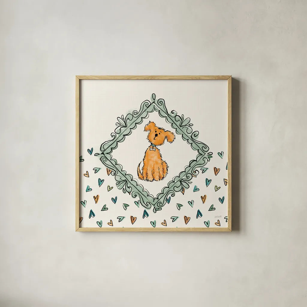 Pet Sentiments V by Anne Tavoletti. Shown in a natural wood glass frame for a timeless modern aesthetic. Available as an archival giclee rolled canvas, fine art paper, or poster print. SKU 89396a.