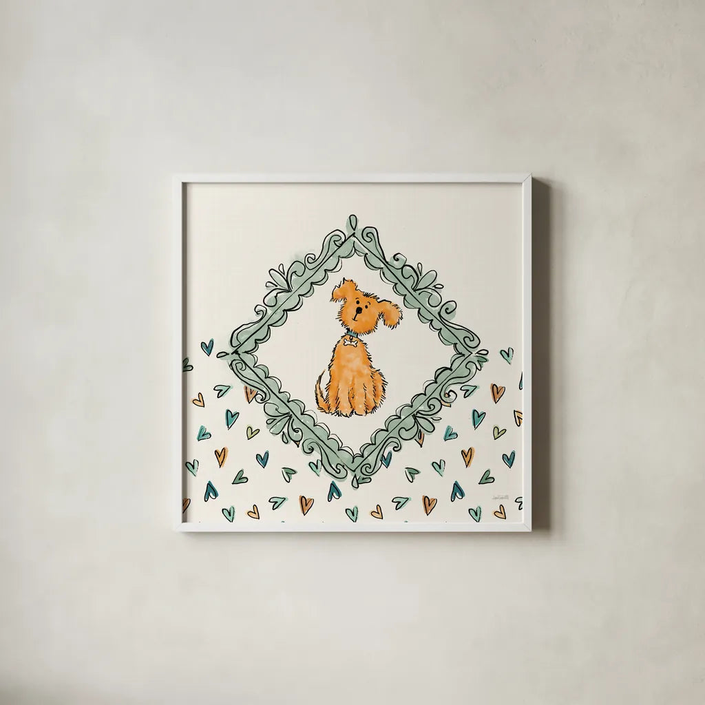 Pet Sentiments V by Anne Tavoletti. Shown in a crisp white glass frame for a clean and minimalist style. Available as an archival giclee rolled canvas, fine art paper, or poster print. SKU 89396a.