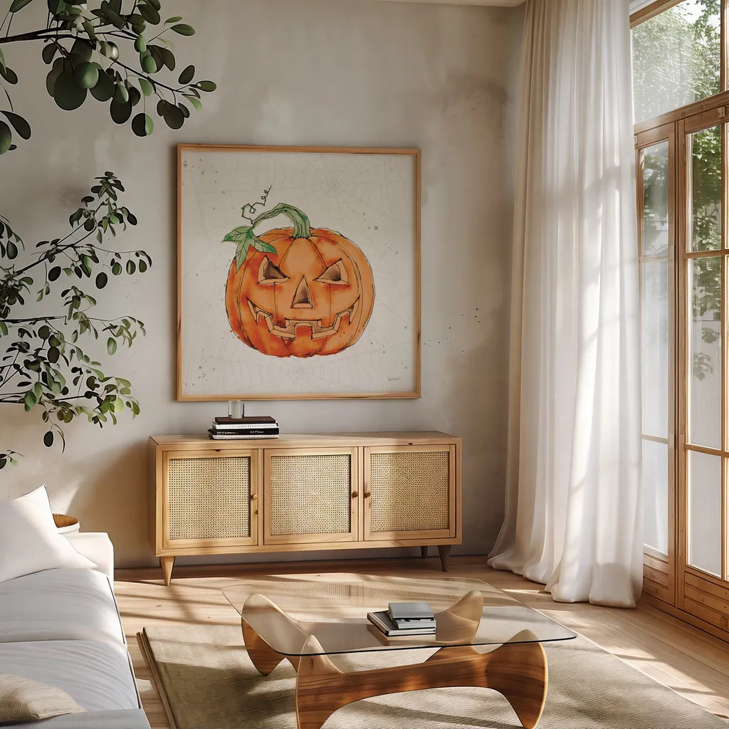 Phantom Pumpkin by Anne Tavoletti. Shown in a natural wood frame in a cozy modern living room. Available as an archival giclee rolled canvas, fine art paper, or poster print. SKU 57910a.