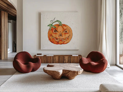 Phantom Pumpkin by Anne Tavoletti. Shown as extra-large giant wall art in a modern living room. Available as an archival giclee rolled canvas, fine art paper, or poster print. SKU 57910a.