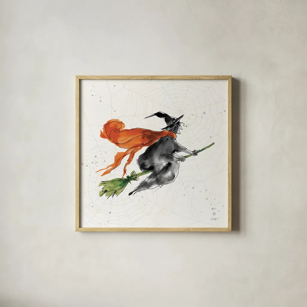 Phantom Witch by Anne Tavoletti. Shown in a natural wood glass frame for a timeless modern aesthetic. Available as an archival giclee rolled canvas, fine art paper, or poster print. SKU 57913a.