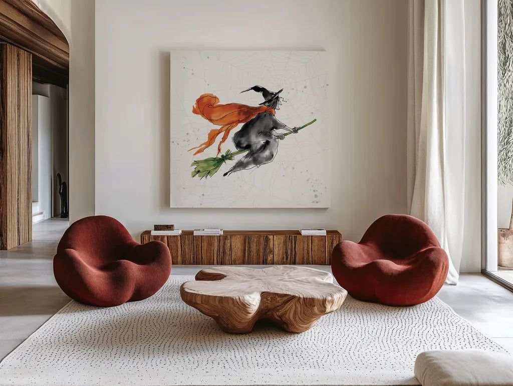 Phantom Witch by Anne Tavoletti. Shown as extra-large giant wall art in a modern living room. Available as an archival giclee rolled canvas, fine art paper, or poster print. SKU 57913a.