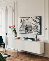 Phantoms of the Night I by Anne Tavoletti. shown as a framed stretched canvas in a living room above a console. Available as a archival giclee rolled canvas, fine art paper, or poster print. SKU 55944i.