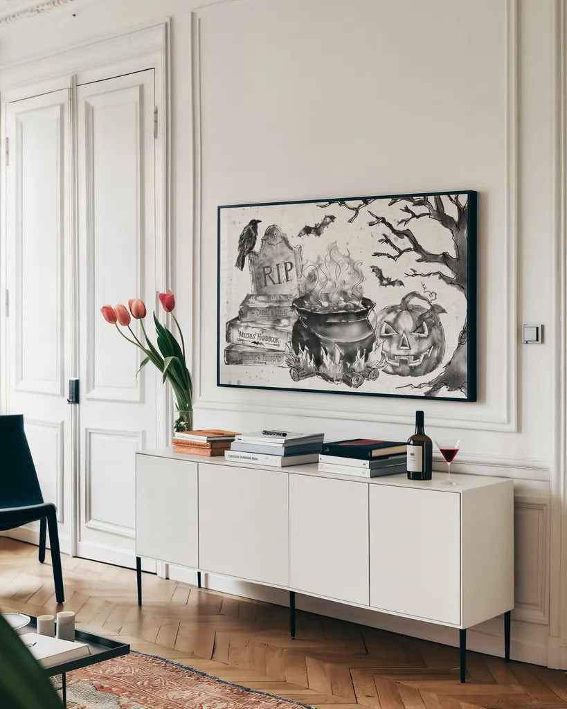 Phantoms of the Night I by Anne Tavoletti. shown as a framed stretched canvas in a living room above a console. Available as a archival giclee rolled canvas, fine art paper, or poster print. SKU 55944i.